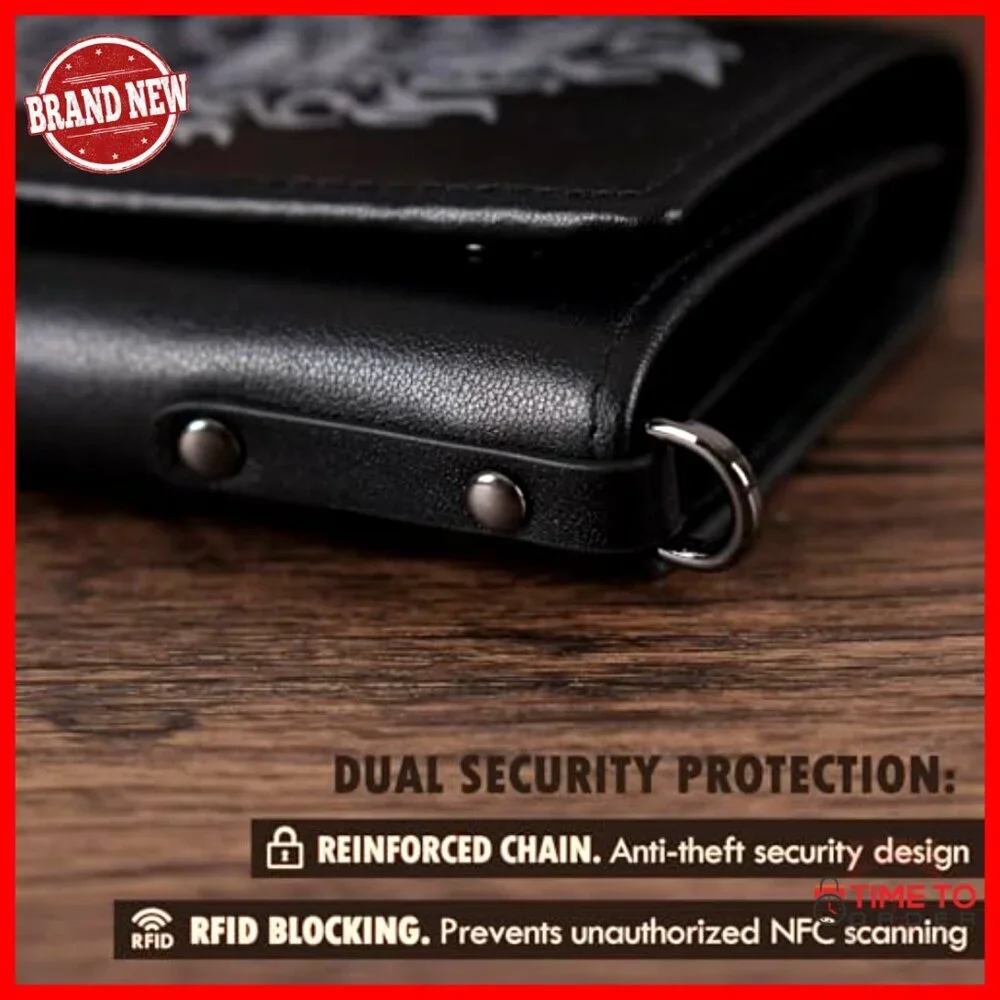 Men's Trifold Wallet With Detachable Chain RFID Blocking Leather